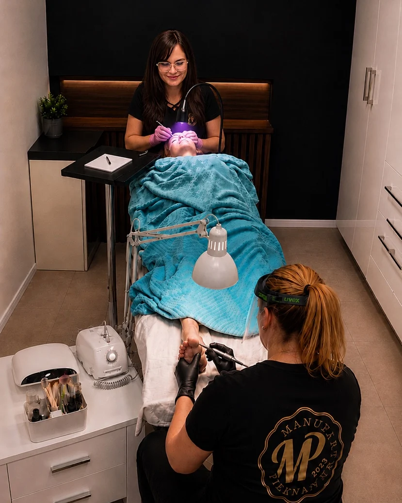 Dwie stylistki wykonujące jednocześnie pedicure i stylizację rzęs